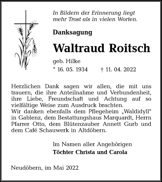 Traueranzeige von Waltraud Roitsch von lausitzer_rundschau