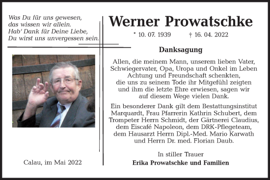 Traueranzeige von Werner Prowatschke von lausitzer_rundschau