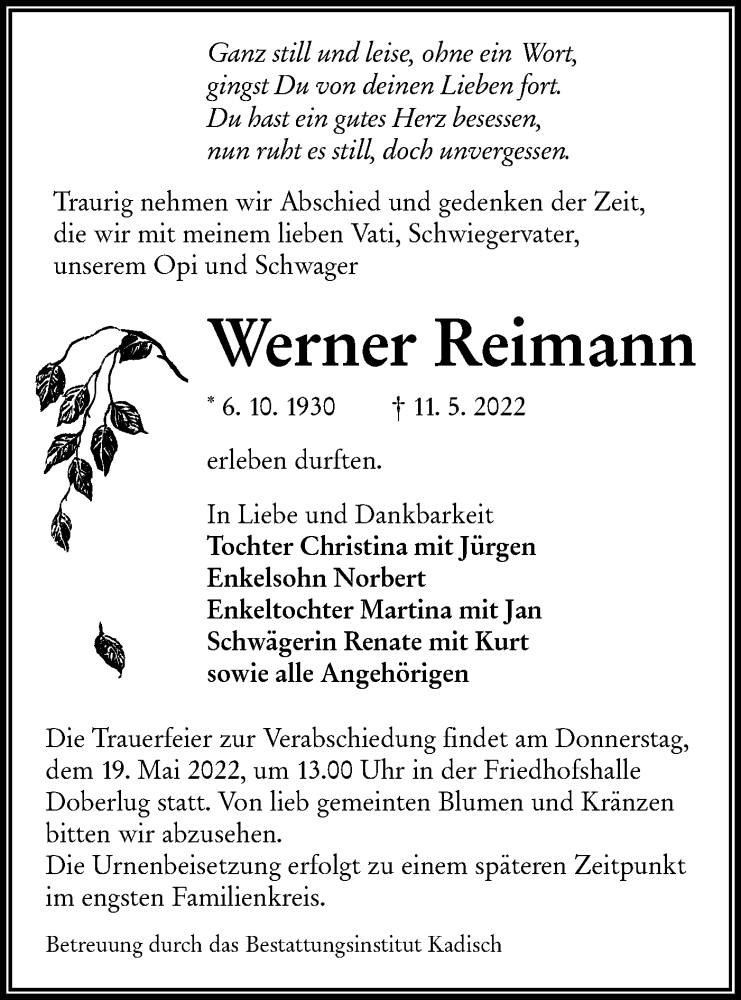 Traueranzeige für Werner Reimann vom 14.05.2022 aus lausitzer_rundschau