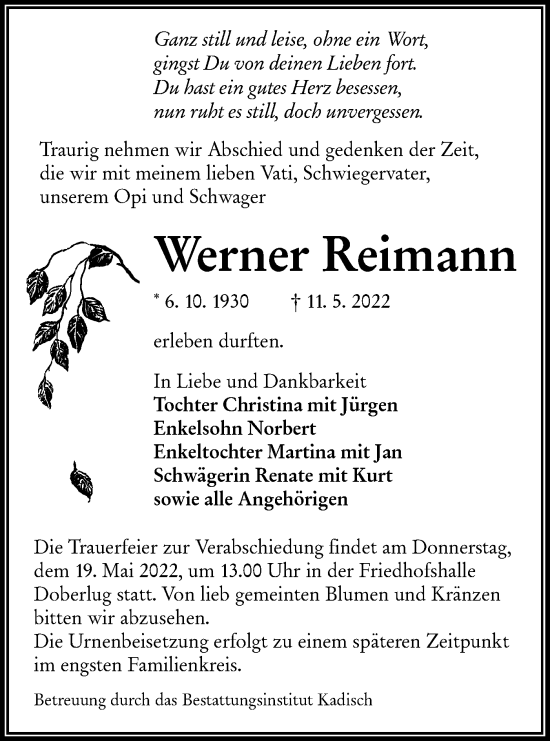 Traueranzeige von Werner Reimann von lausitzer_rundschau