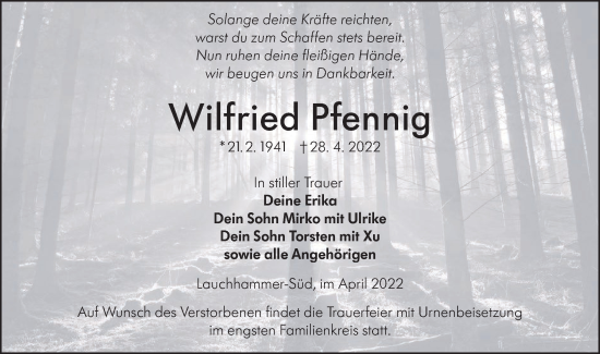 Traueranzeige von Wilfried Pfennig von lausitzer_rundschau