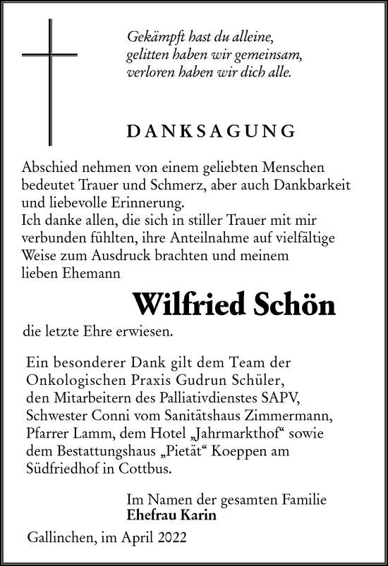 Traueranzeige von Wilfried Schön von lausitzer_rundschau