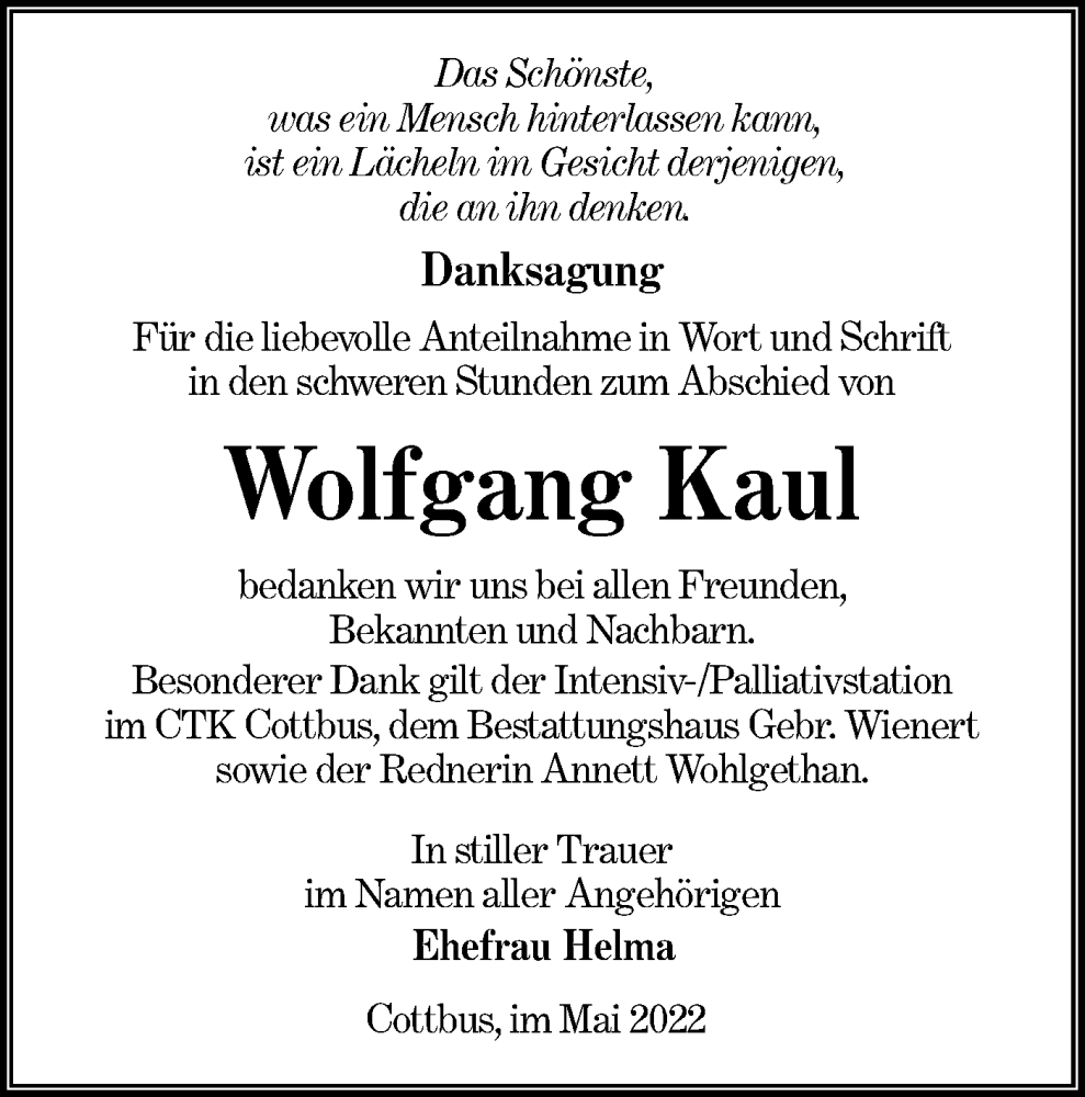  Traueranzeige für Wolfgang Kaul vom 21.05.2022 aus lausitzer_rundschau