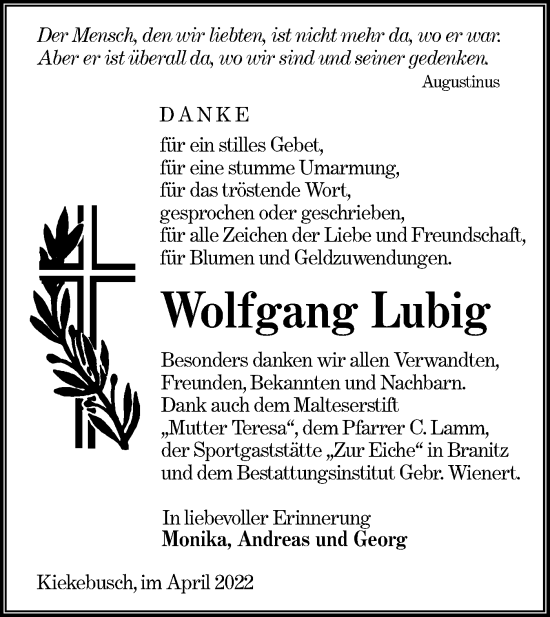 Traueranzeige von Wolfgang Lubig von lausitzer_rundschau