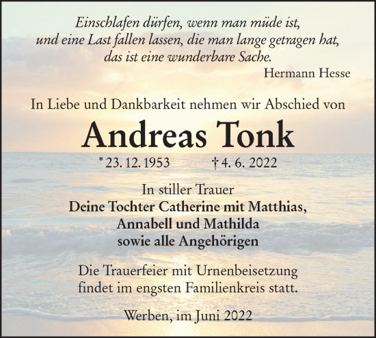Traueranzeige von Andreas Tonk von lausitzer_rundschau