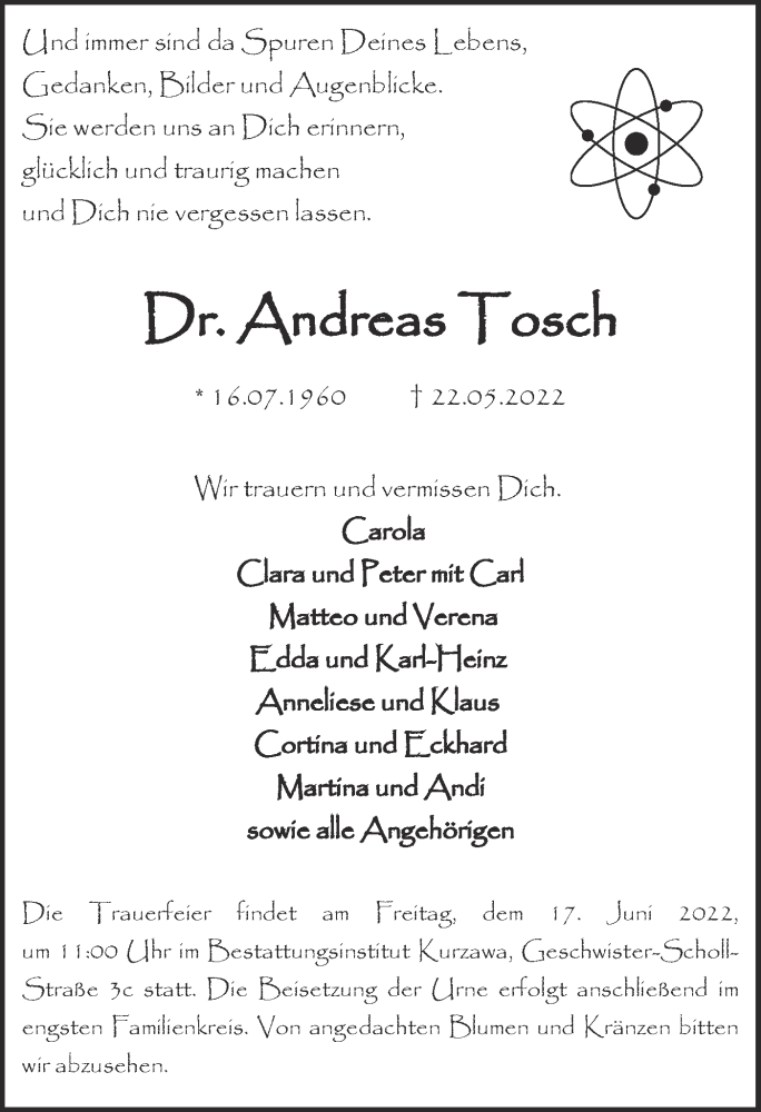  Traueranzeige für Andreas Tosch vom 04.06.2022 aus lausitzer_rundschau