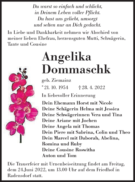Traueranzeige von Angelika Dommaschk von lausitzer_rundschau