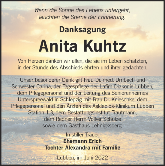 Traueranzeige von Anita Kuhtz von lausitzer_rundschau