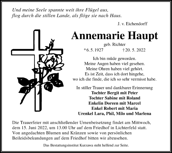 Traueranzeige von Annemarie Haupt von lausitzer_rundschau