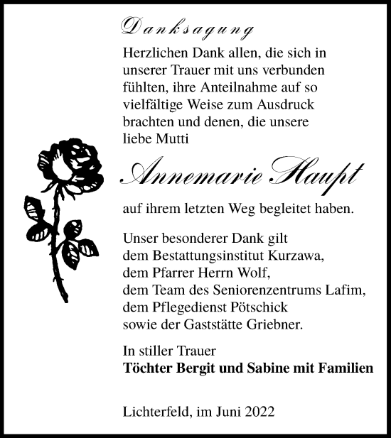 Traueranzeige von Annemarie Haupt von lausitzer_rundschau