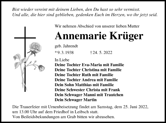 Traueranzeige von Annemarie Krüger von lausitzer_rundschau