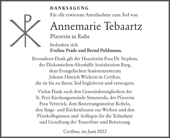 Traueranzeige von Annemarie Tebaartz von lausitzer_rundschau