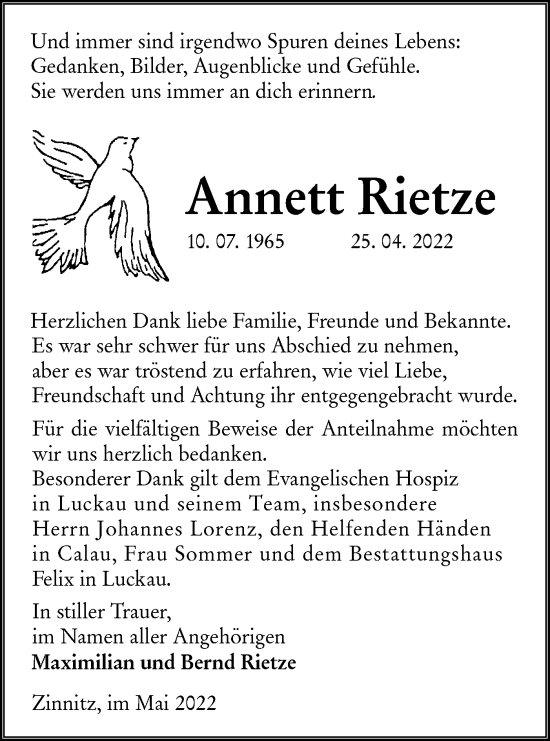 Traueranzeige von Annett Rietze von lausitzer_rundschau