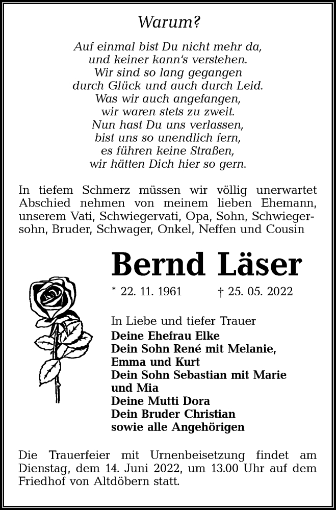  Traueranzeige für Bernd Läser vom 04.06.2022 aus lausitzer_rundschau