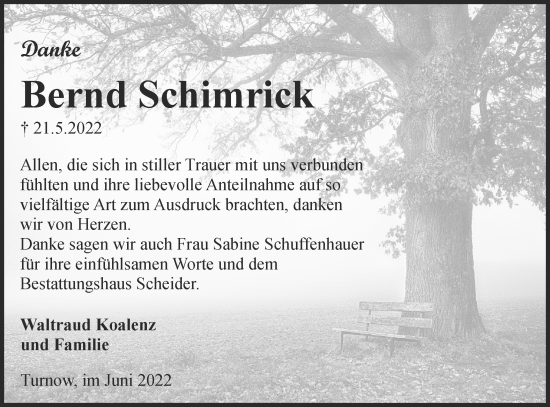 Traueranzeige von Bernd Schimrick von lausitzer_rundschau
