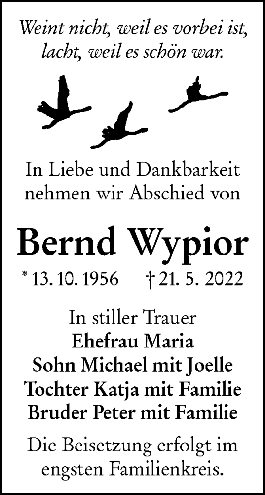 Traueranzeige von Bernd Wypior von lausitzer_rundschau
