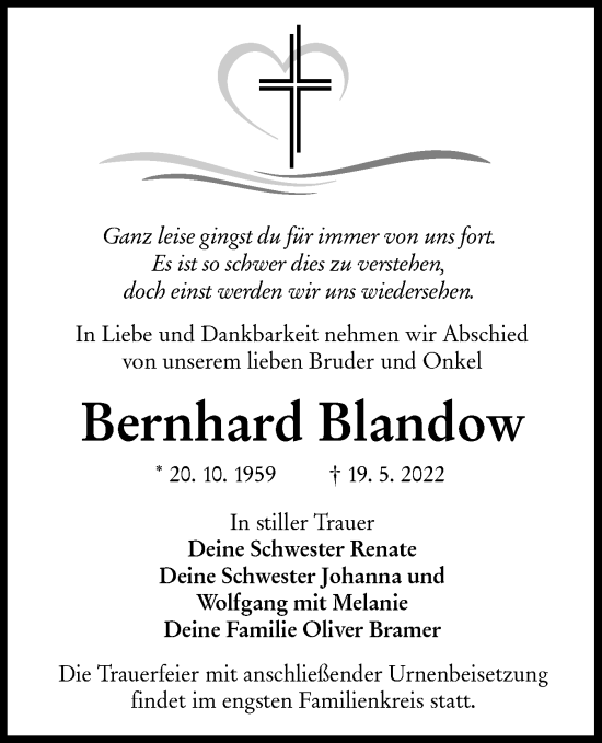 Traueranzeige von Bernhard Blandow von lausitzer_rundschau
