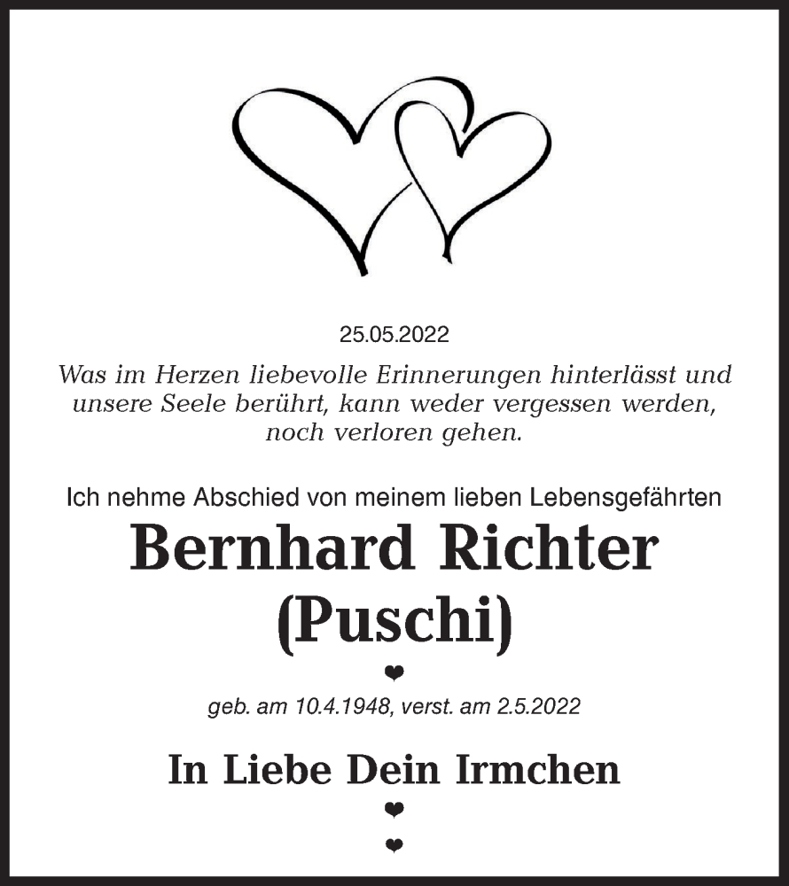  Traueranzeige für Bernhard Richter vom 02.06.2022 aus lausitzer_rundschau