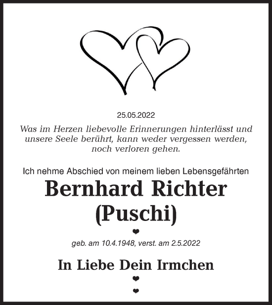 Traueranzeige von Bernhard Richter von lausitzer_rundschau