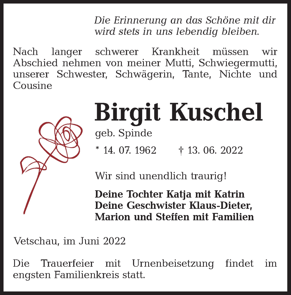  Traueranzeige für Birgit Kuschel vom 18.06.2022 aus lausitzer_rundschau