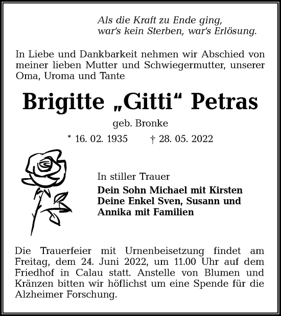 Traueranzeige von Brigitte Petras von lausitzer_rundschau