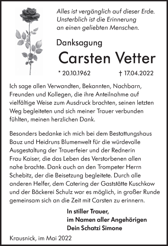 Traueranzeige von Carsten Vetter von lausitzer_rundschau