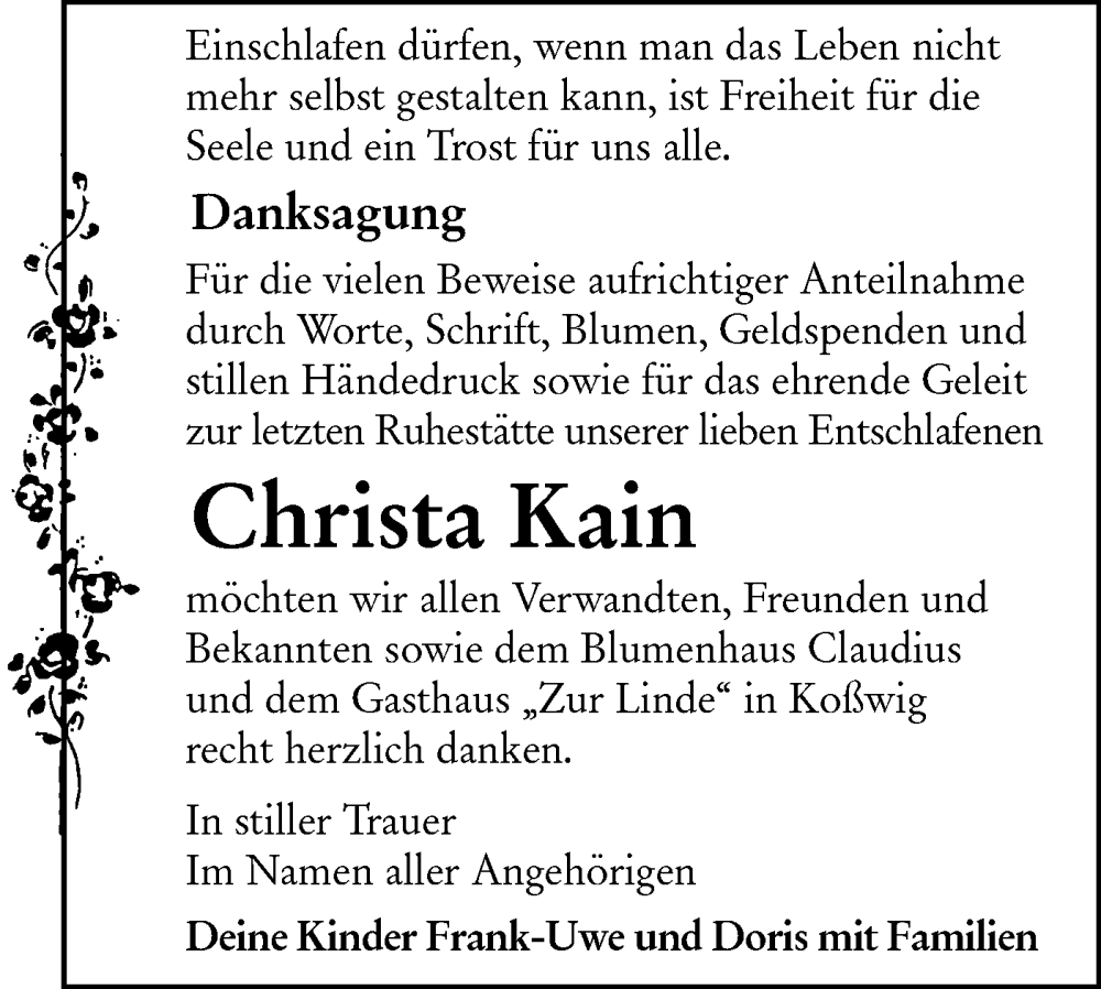  Traueranzeige für Christa Kain vom 04.06.2022 aus lausitzer_rundschau