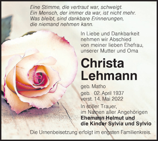 Traueranzeige von Christa Lehmann von lausitzer_rundschau