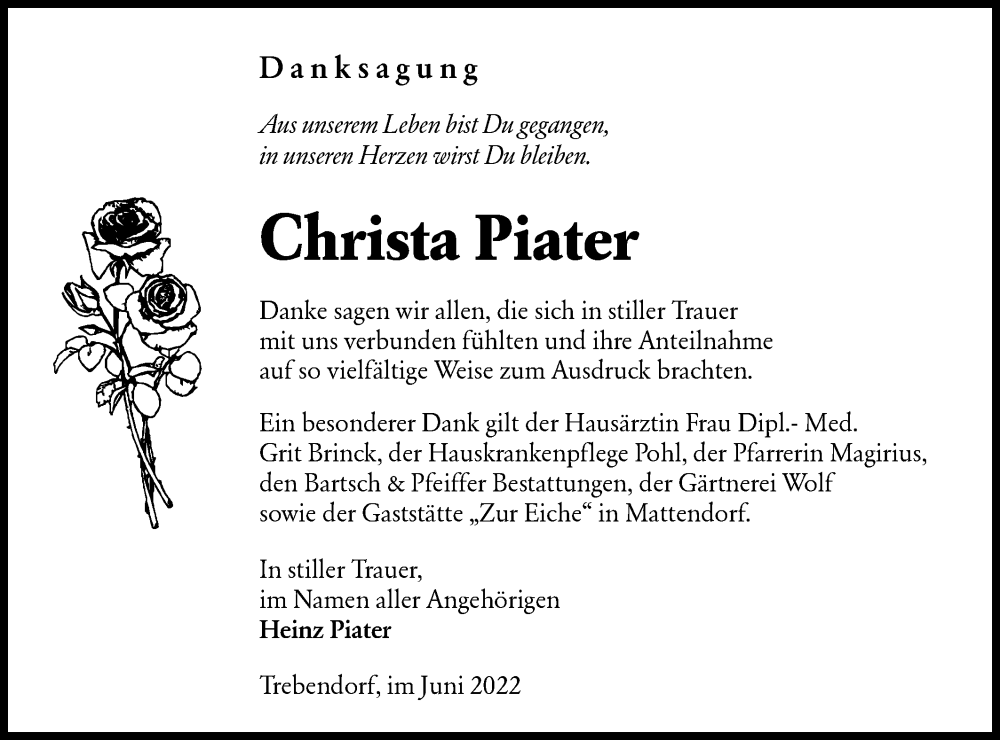  Traueranzeige für Christa Piater vom 25.06.2022 aus lausitzer_rundschau