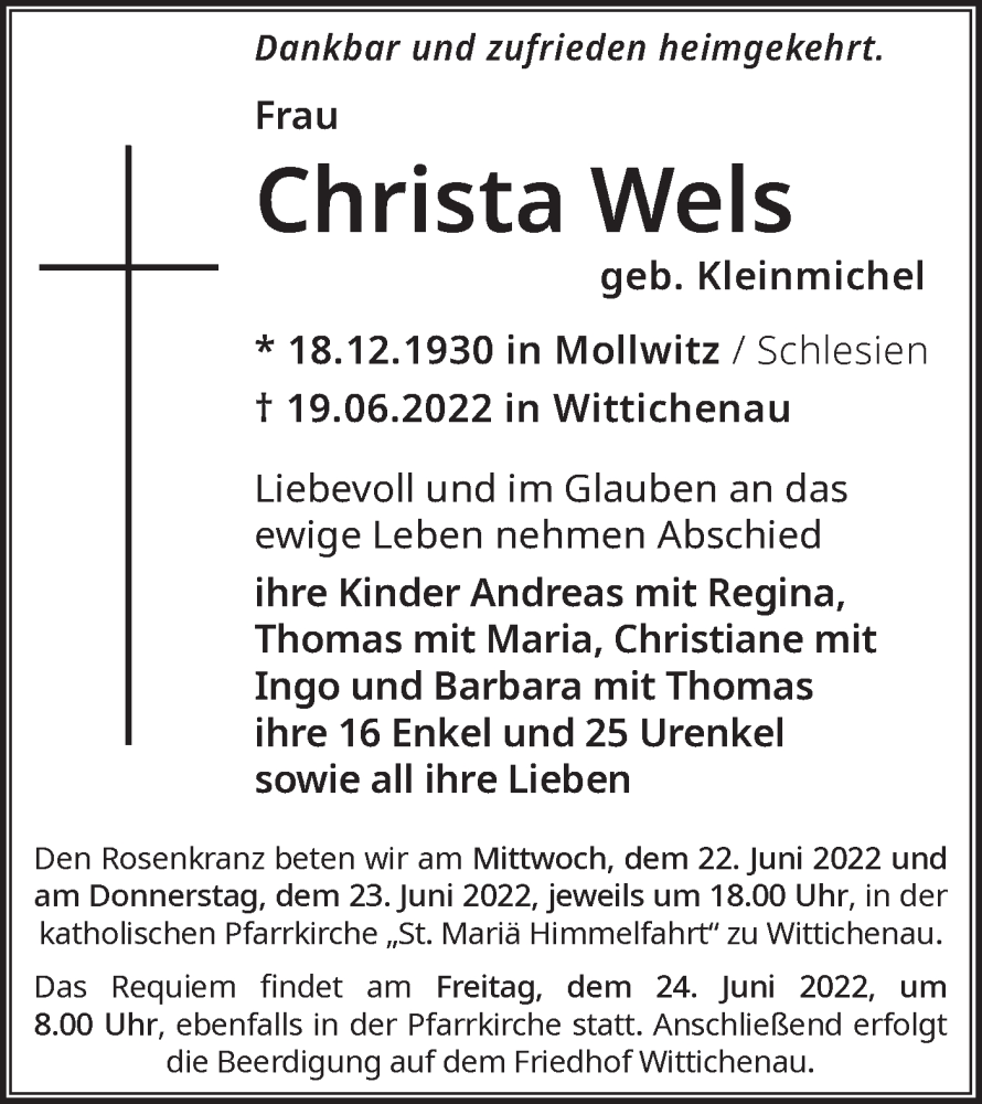  Traueranzeige für Christa Wels vom 22.06.2022 aus lausitzer_rundschau