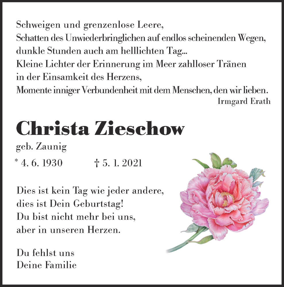  Traueranzeige für Christa Zieschow vom 04.06.2022 aus lausitzer_rundschau