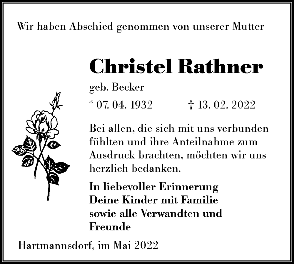  Traueranzeige für Christel Rathner vom 04.06.2022 aus lausitzer_rundschau