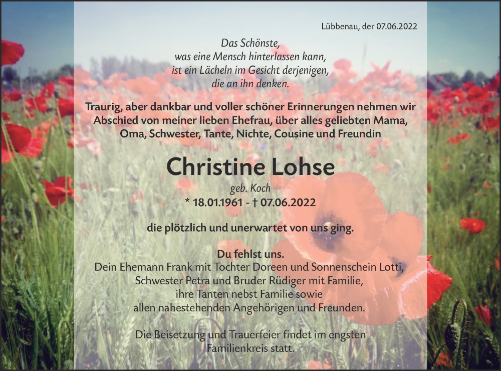  Traueranzeige für Christine Lohse vom 18.06.2022 aus lausitzer_rundschau