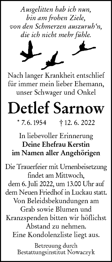 Traueranzeige von Detlef Sarnow von lausitzer_rundschau
