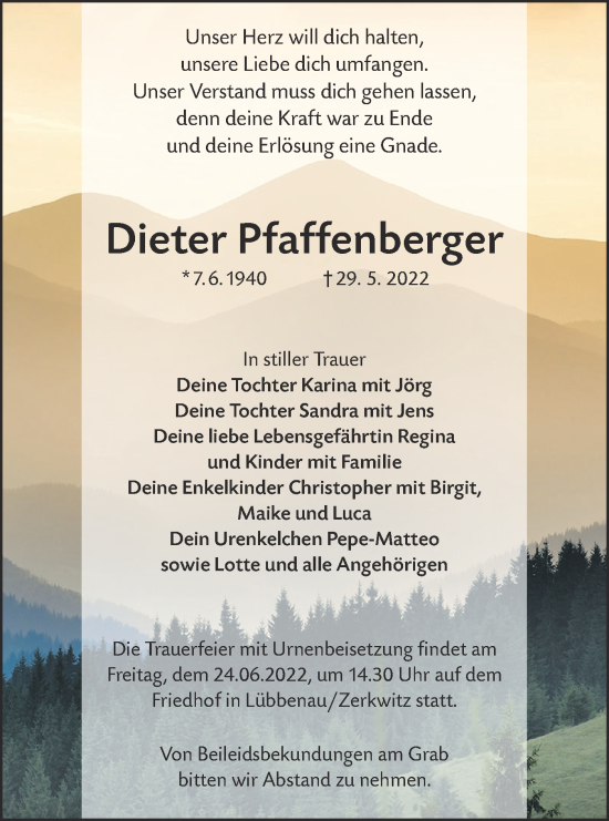 Traueranzeige von Dieter Pfaffenberger von lausitzer_rundschau