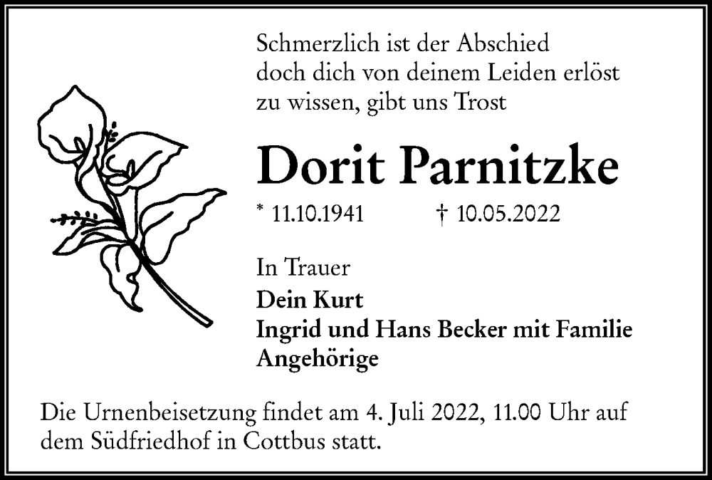  Traueranzeige für Dorit Parnitzke vom 25.06.2022 aus lausitzer_rundschau