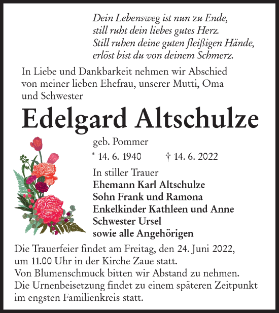 Traueranzeige von Edelgard Altschulze von lausitzer_rundschau