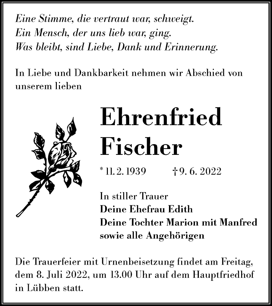 Traueranzeigen von Ehrenfried Fischer | lr-online.trauer.de