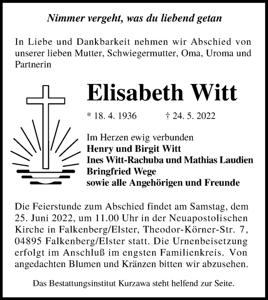 Traueranzeige von Elisabeth Witt von lausitzer_rundschau