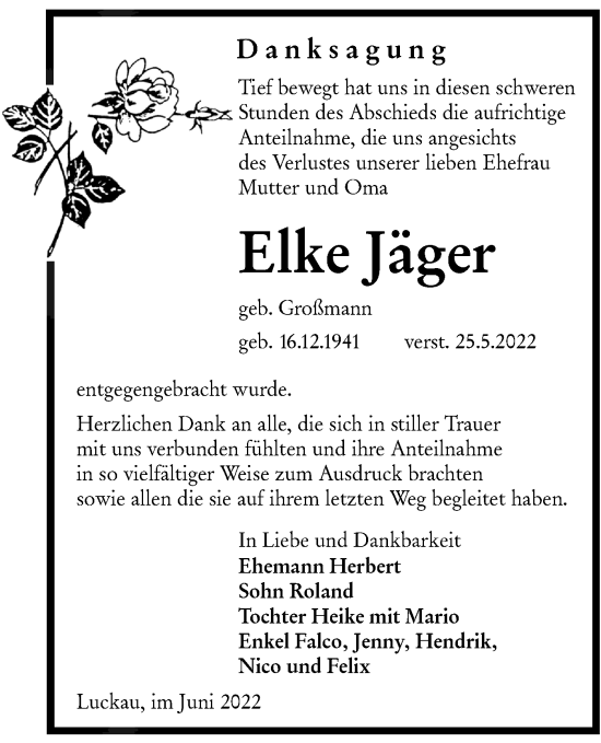 Traueranzeige von Elke Jäger von lausitzer_rundschau