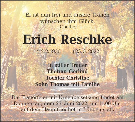 Traueranzeige von Erich Reschke von lausitzer_rundschau