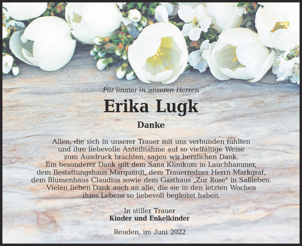  Traueranzeige für Erika Lugk vom 25.06.2022 aus lausitzer_rundschau