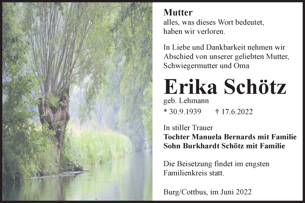  Traueranzeige für Erika Schötz vom 22.06.2022 aus lausitzer_rundschau