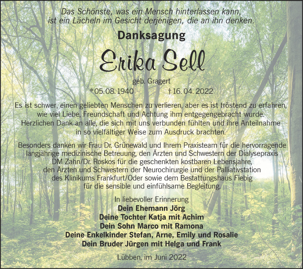  Traueranzeige für Erika Sell vom 25.06.2022 aus lausitzer_rundschau