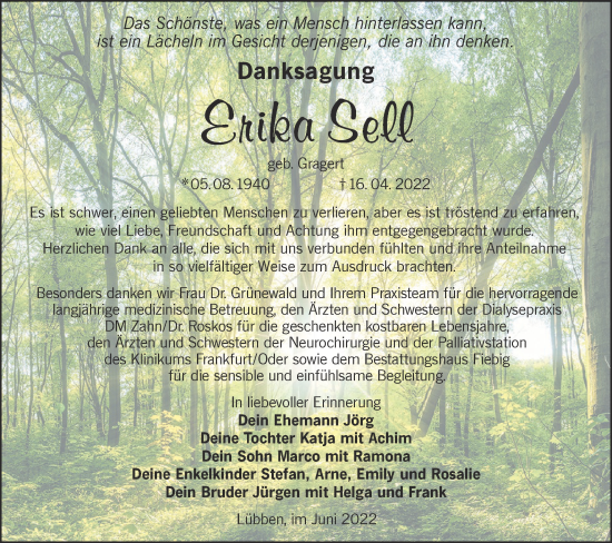 Traueranzeige von Erika Sell von lausitzer_rundschau