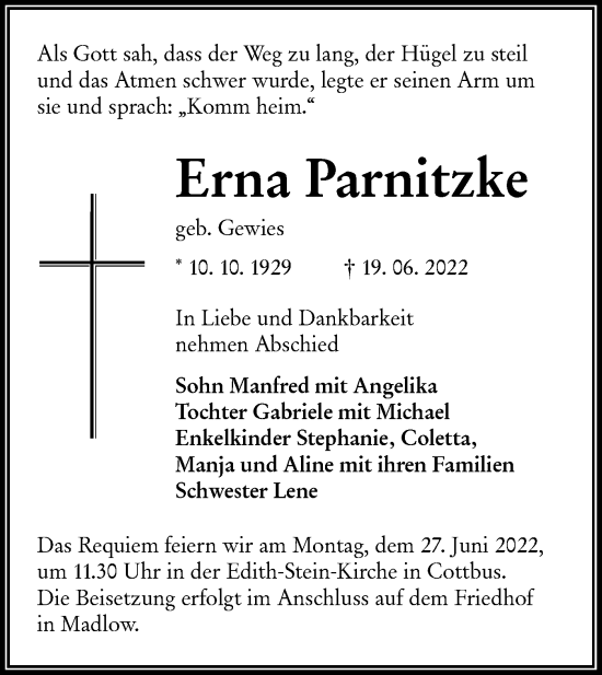 Traueranzeige von Erna Parnitzke von lausitzer_rundschau