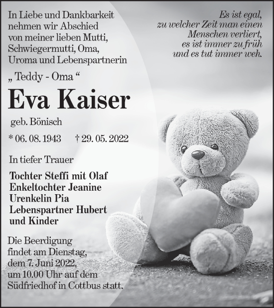 Traueranzeige von Eva Kaiser von lausitzer_rundschau