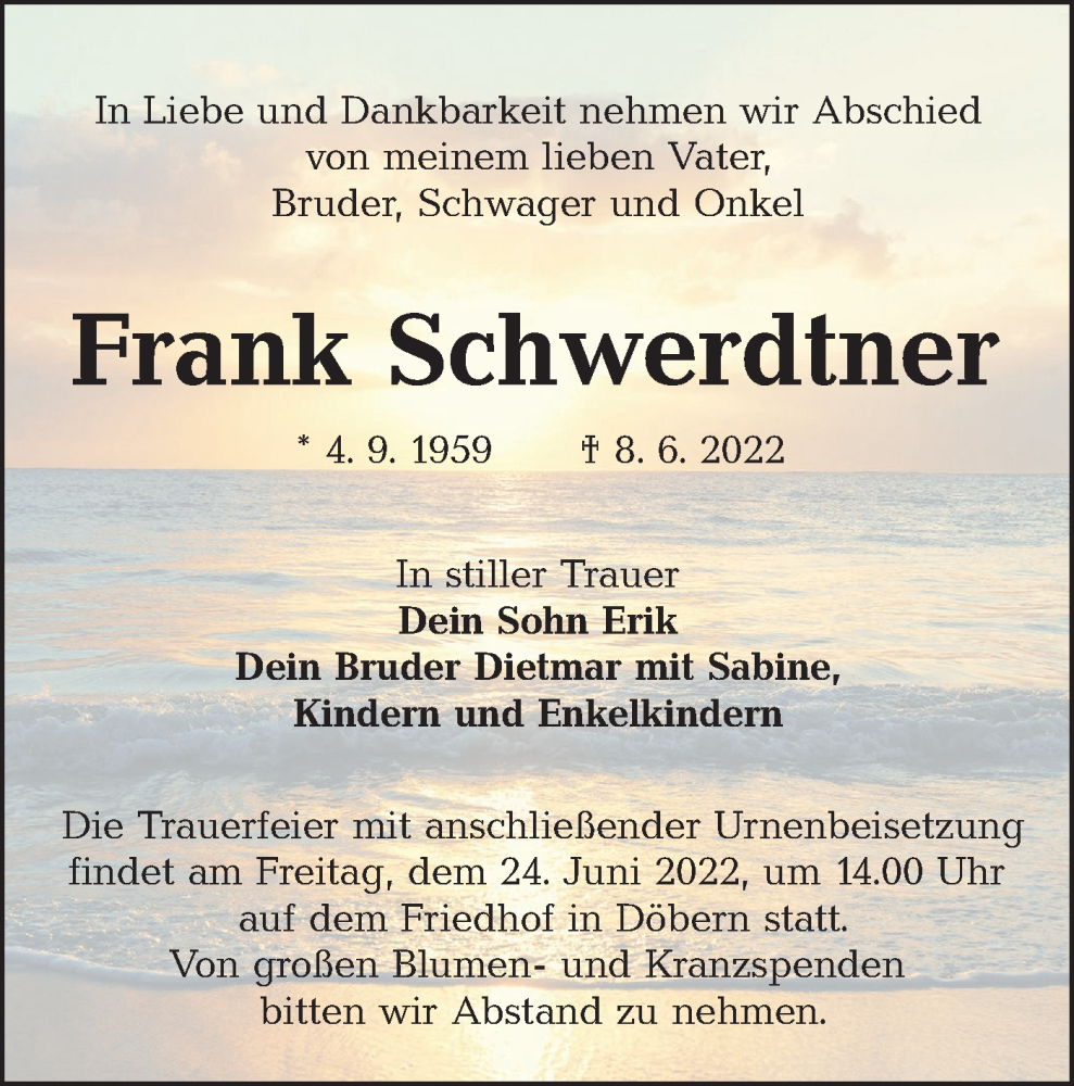  Traueranzeige für Frank Schwerdtner vom 18.06.2022 aus lausitzer_rundschau