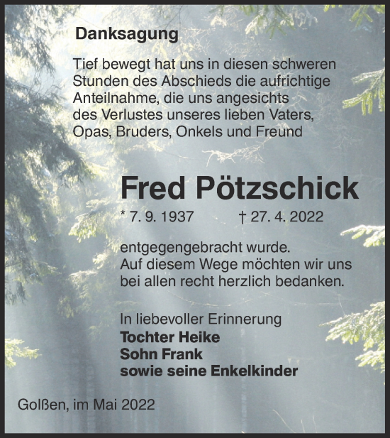 Traueranzeige von Fred Pötzschick von lausitzer_rundschau