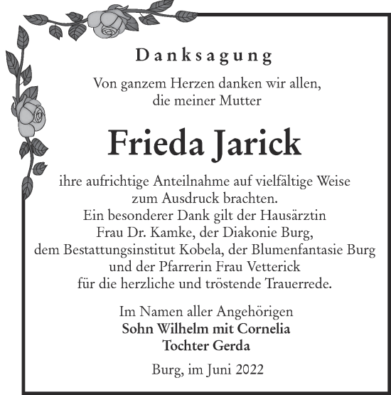 Traueranzeige von Frieda Jarick von lausitzer_rundschau